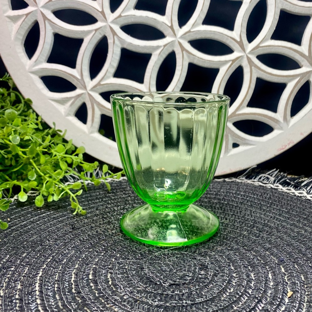 Vintage Green Vaseline Depression Sherbet Glass‎ Footed Ribbon Pattern